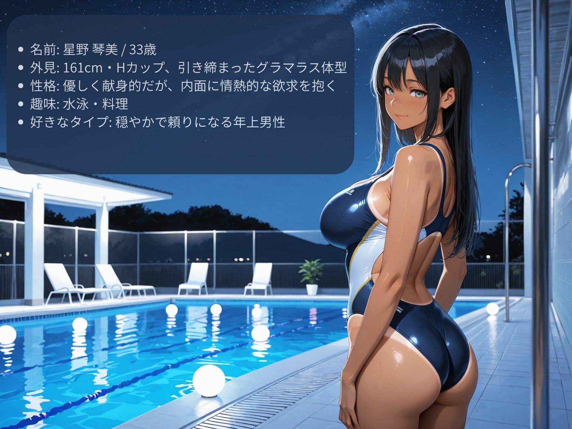 押しに弱い巨乳人妻インストラクターをナイトプールでハメまくる サンプル1