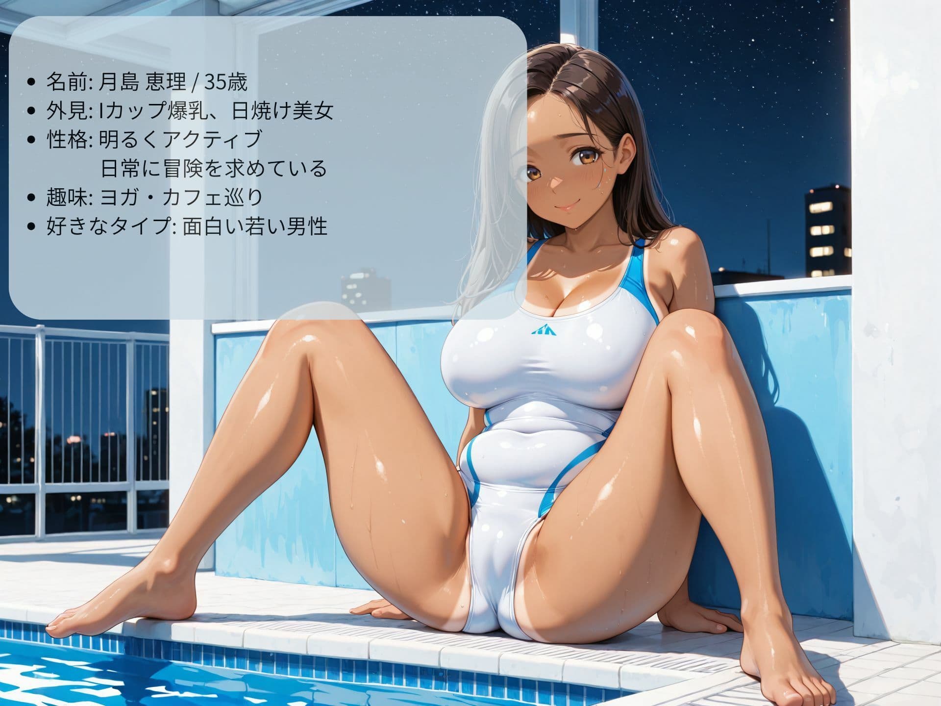 押しに弱い巨乳人妻インストラクターをナイトプールでハメまくる サンプル3
