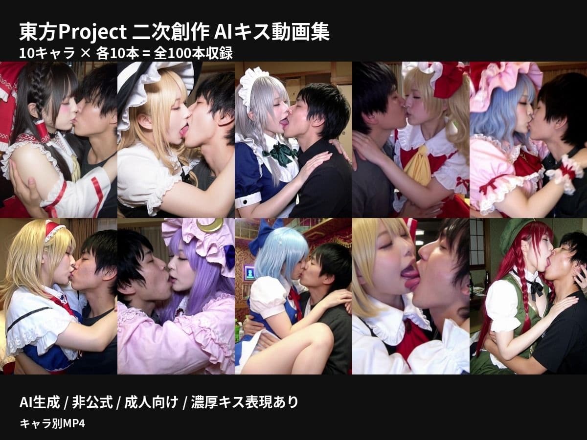 【AI生成】東方Project二次創作 濃厚キス動画集 10キャラ 100本収録 サンプル1