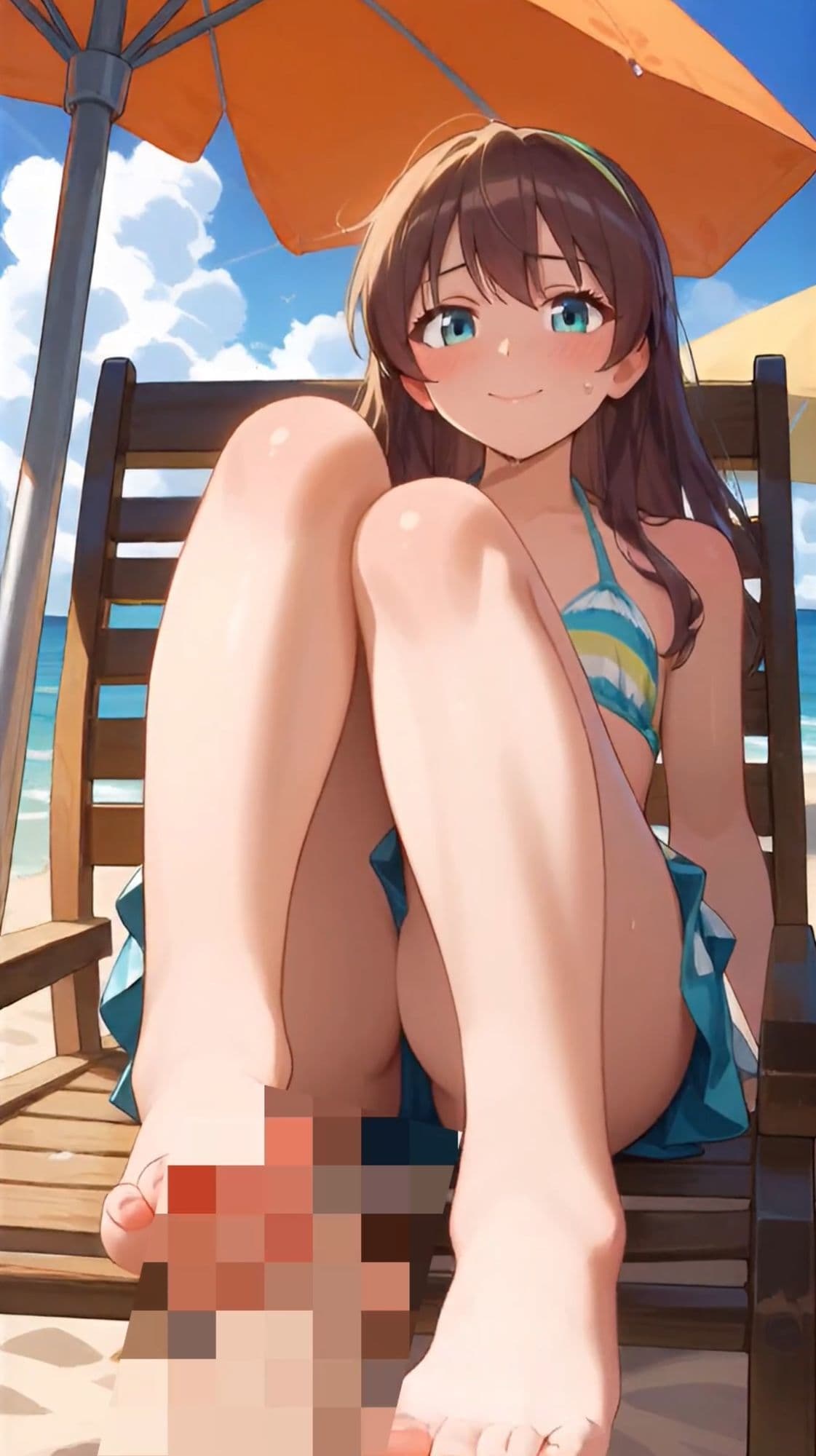 【セリフ音声付きアニメ5分27秒】ビーチで女の子から足コキのオナサポ！ムチムチな太もも、スベスベなふくらはぎ、いとおしいくるぶし、ピチピチな足裏、ビキニからこぼれそうなおっぱい、脚の奥に見えるパンティーのような水着 サンプル1