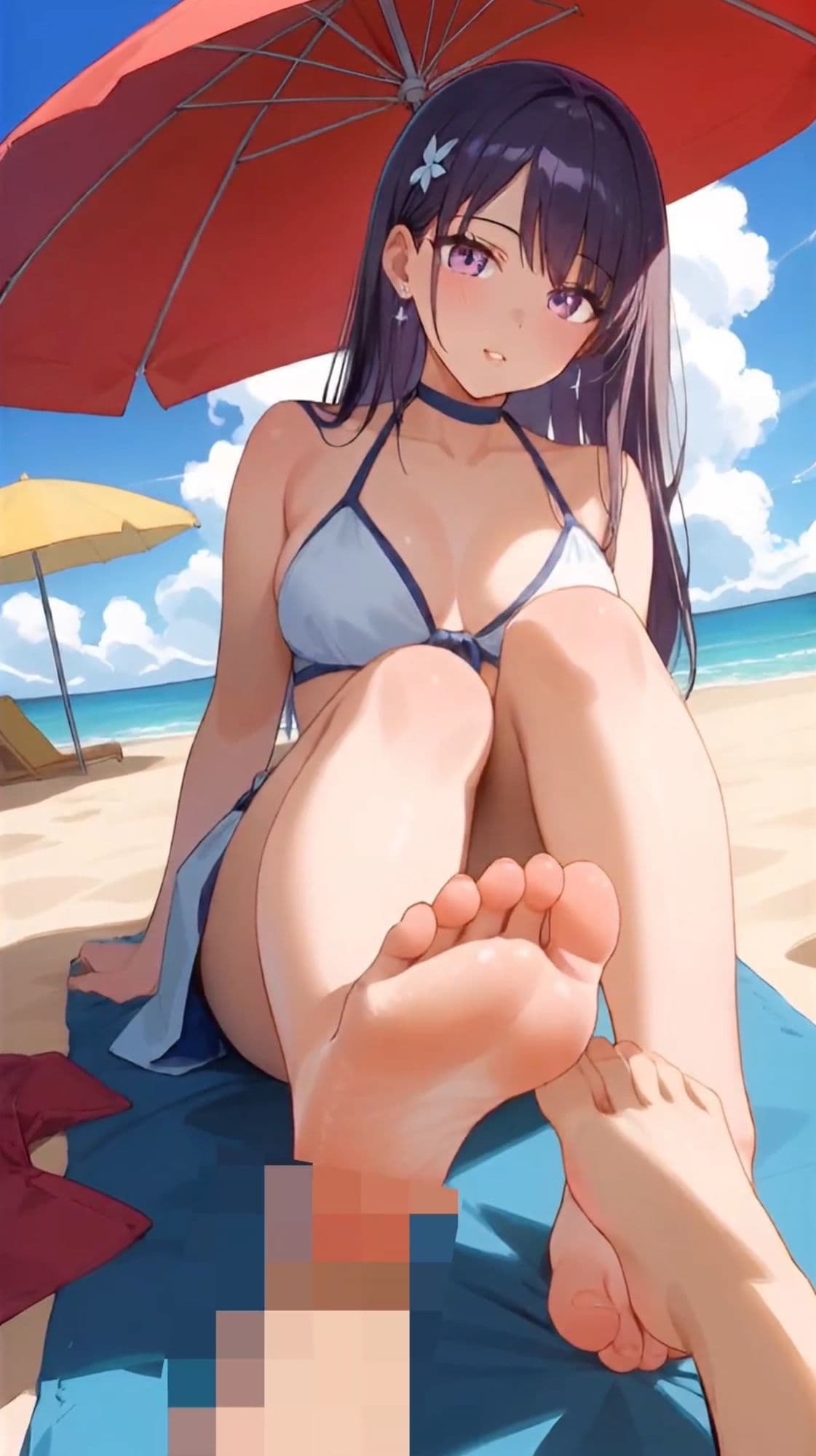 【セリフ音声付きアニメ5分27秒】ビーチで女の子から足コキのオナサポ！ムチムチな太もも、スベスベなふくらはぎ、いとおしいくるぶし、ピチピチな足裏、ビキニからこぼれそうなおっぱい、脚の奥に見えるパンティーのような水着 サンプル3