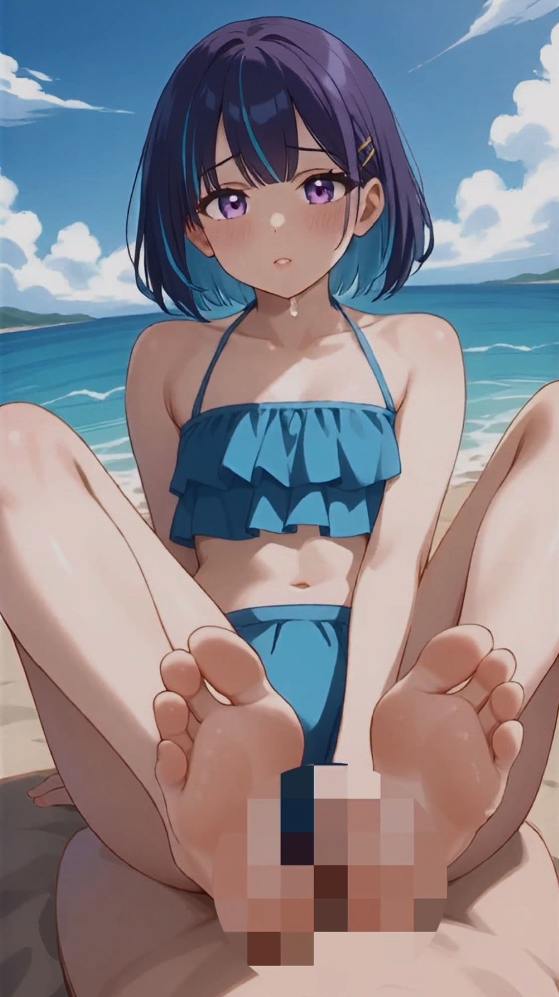 【セリフ音声付きアニメ5分27秒】ビーチで女の子から足コキのオナサポ！ムチムチな太もも、スベスベなふくらはぎ、いとおしいくるぶし、ピチピチな足裏、ビキニからこぼれそうなおっぱい、脚の奥に見えるパンティーのような水着 サンプル6