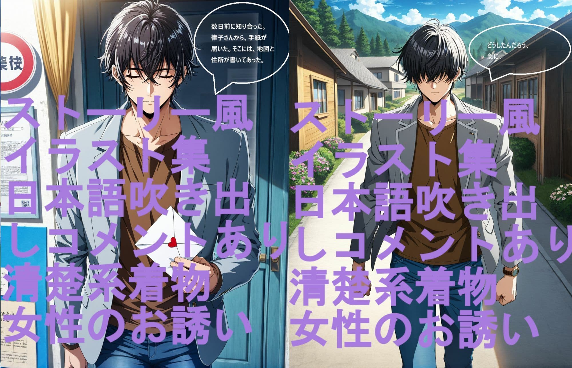 ストーリー風、イラスト集。日本語、吹き出しコメントあり。清楚系着物女性のお誘い。 サンプル1