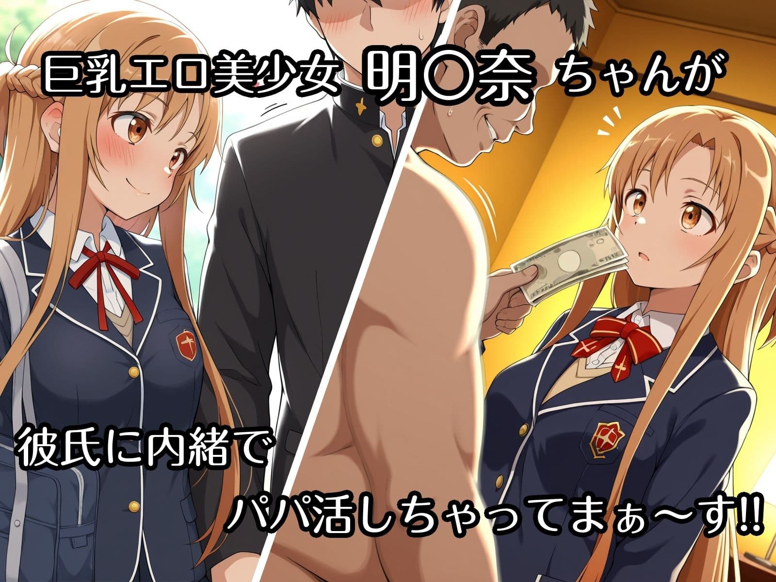 彼氏持ち巨乳エロ美少女がパパ活相手のおっさん達に寝取られ処女喪失＆危険日中出しで妊娠確定！他人チ○ポ狂いの下劣なヤリマンに堕ちるまで〜SAO 結城明○奈 編 サンプル1