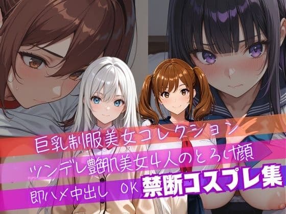 【4K神画質】ツンデレ制服風コスプレ美女4人のとろけ顔×中出し！衣装差分4パターン収録！