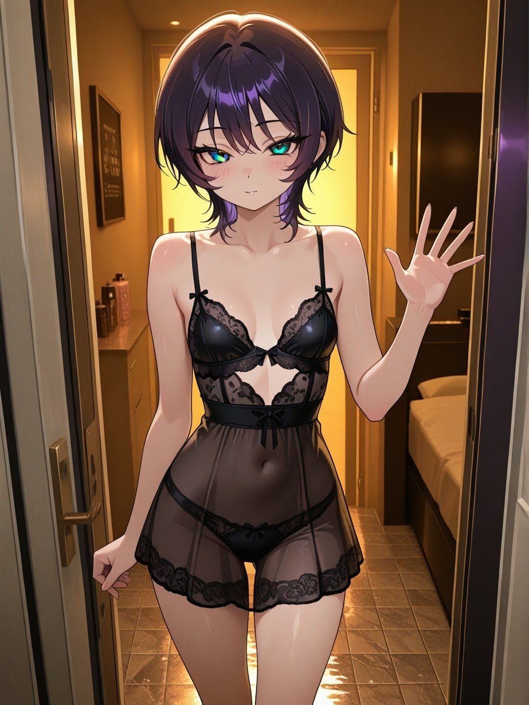 短髪紫髪の彼女と過ごす浴室サービス 〜ランジェリーから泡風呂、ベッドまで〜【R-18 AI CG集】 サンプル1