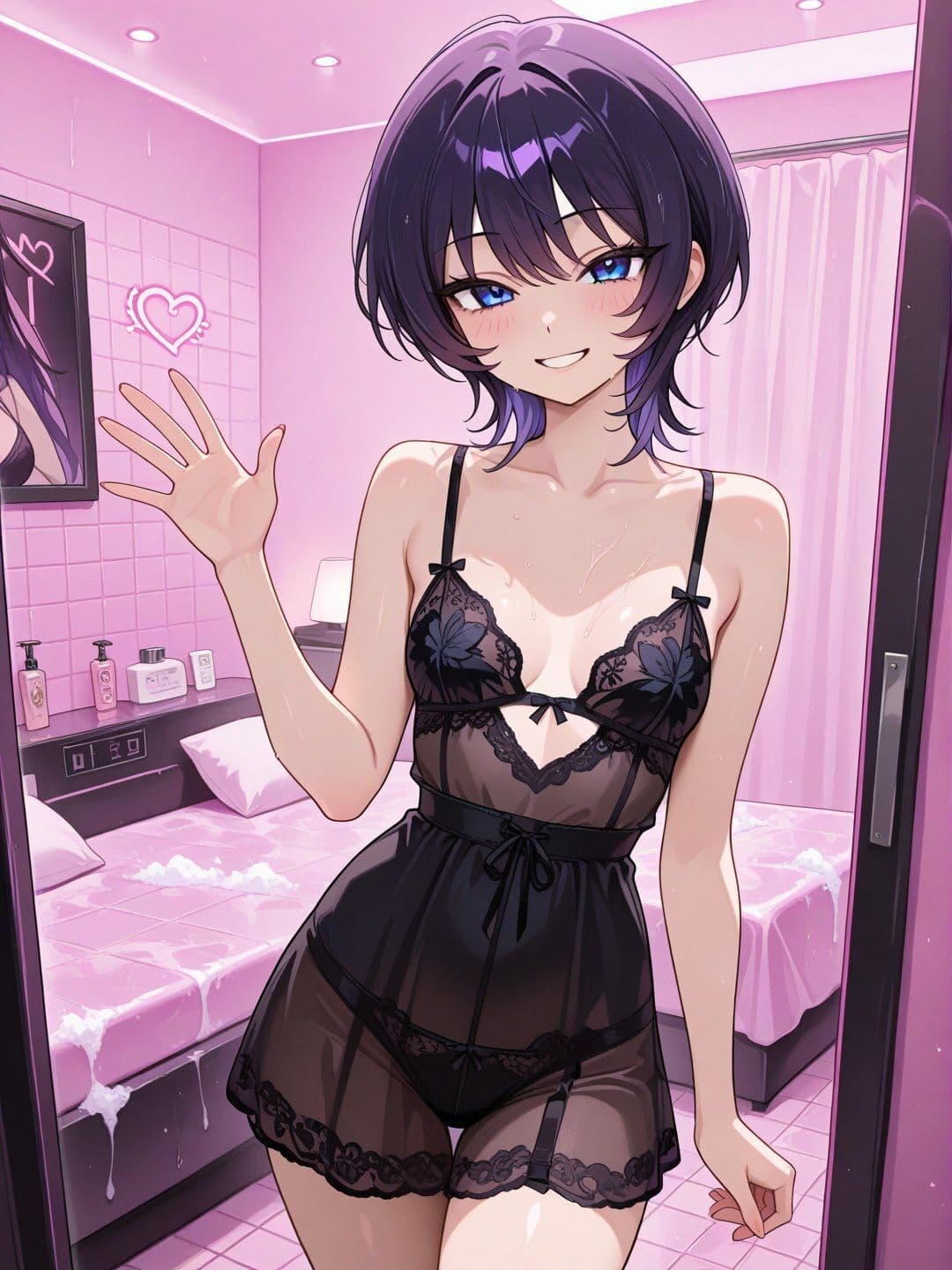短髪紫髪の彼女と過ごす浴室サービス 〜ランジェリーから泡風呂、ベッドまで〜【R-18 AI CG集】 サンプル10