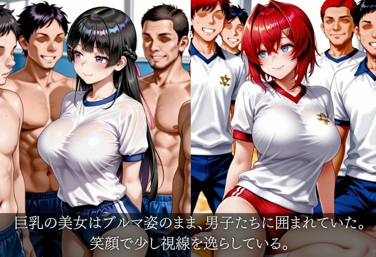 【巨乳ブルマ】体育館で汗だく巨乳女子が男子たちに囲まれてイキ狂う サンプル1
