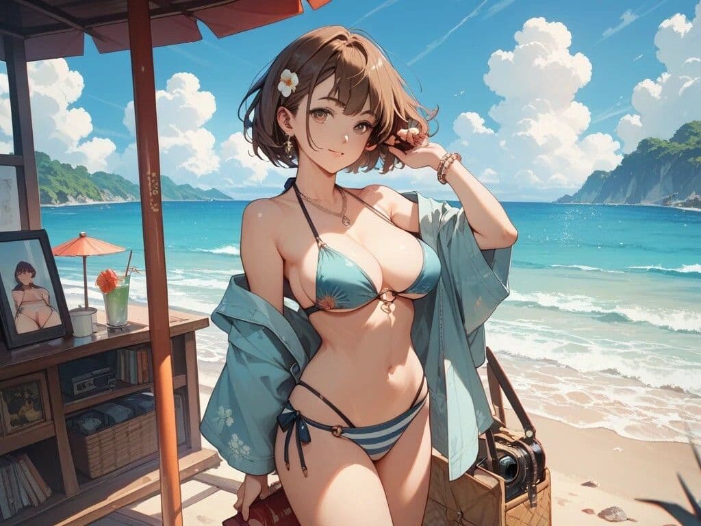 OLオフィスプレイと浜辺を楽しむ美女とキャンプ好き美女 サンプル4