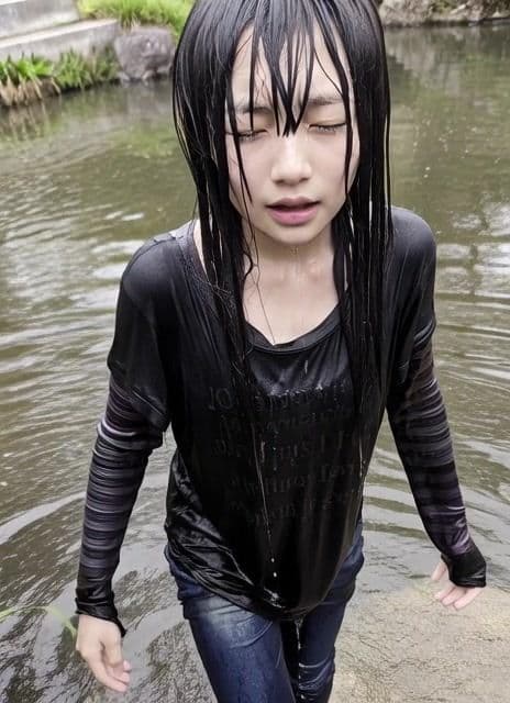 【AI動画259本】着衣ずぶ濡れ WET COLLECTION Vol.1｜池・川で全身びしょ濡れ サンプル1