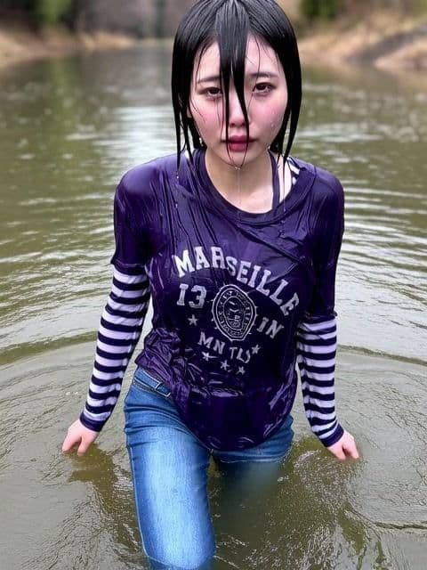 【AI動画259本】着衣ずぶ濡れ WET COLLECTION Vol.1｜池・川で全身びしょ濡れ サンプル5