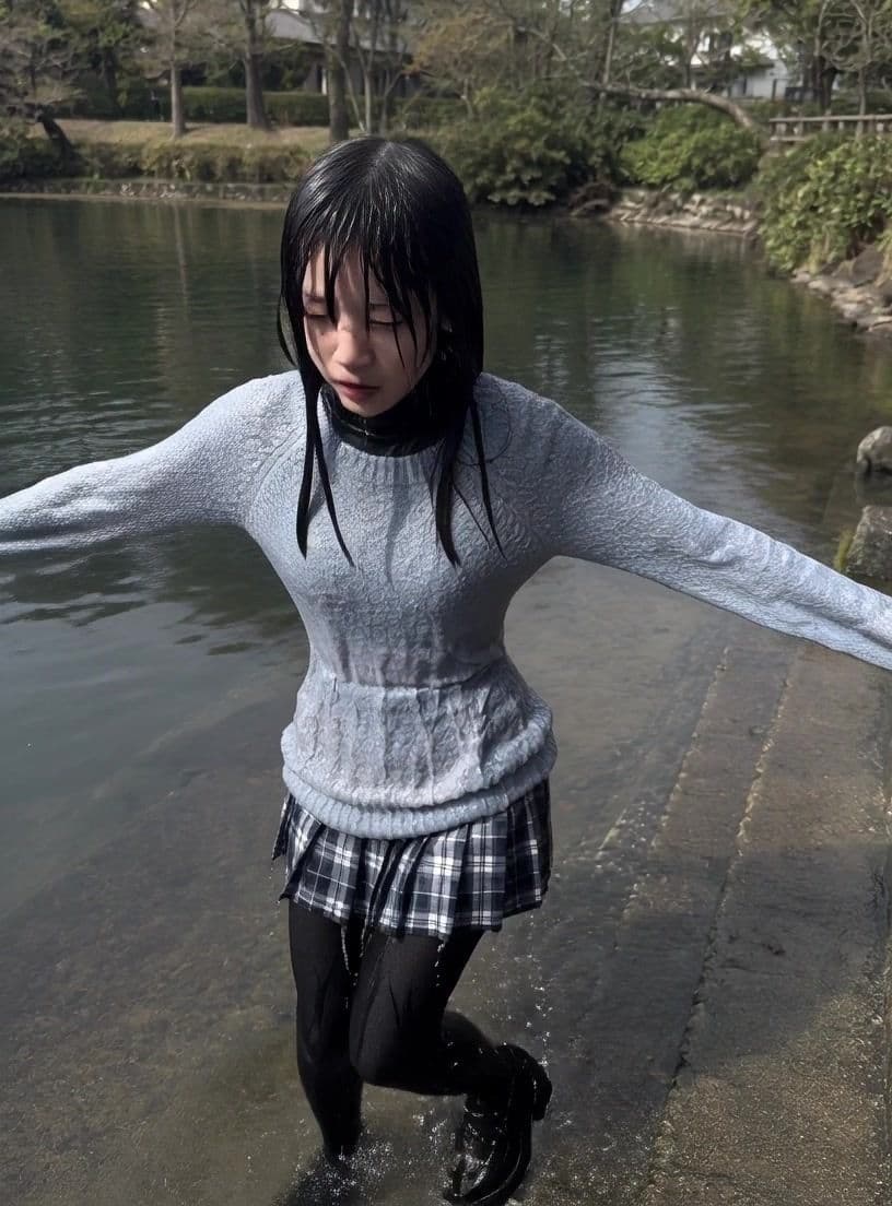 【AI動画259本】着衣ずぶ濡れ WET COLLECTION Vol.1｜池・川で全身びしょ濡れ サンプル6