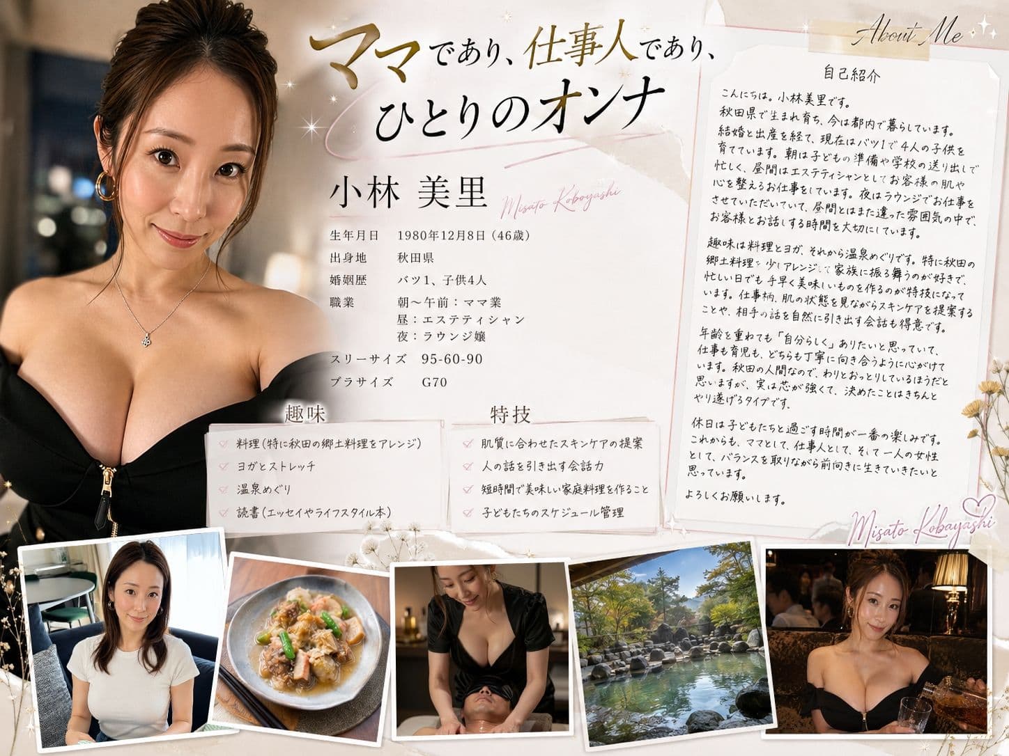 【AI生成】IMAGE VIDEO ＆ AI写真集 Vol.6 小林美里 4児のママ/エステティシャン/ラウンジ嬢（46） 「ママであり、仕事人であり、ひとりのオンナ」 サンプル1