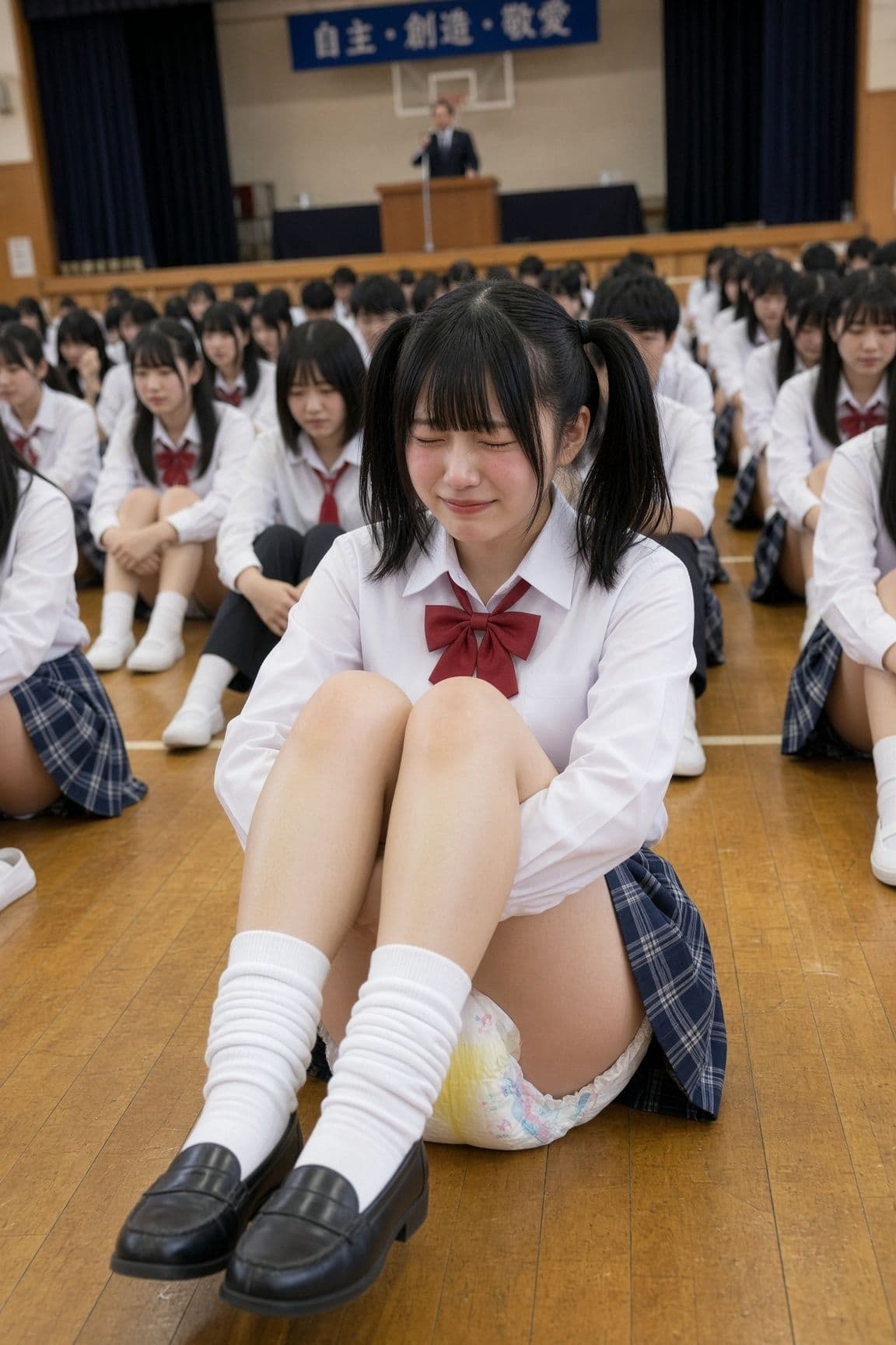 【AI動画】全校集会でおもらし〜おしっこで黄色く染まるおむつ サンプル1