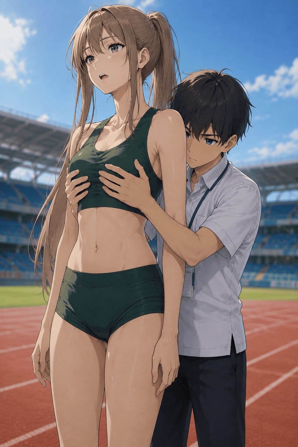 【CG】高身長女子陸上部員のおっぱいを支える低身長男子たち！ サンプル2