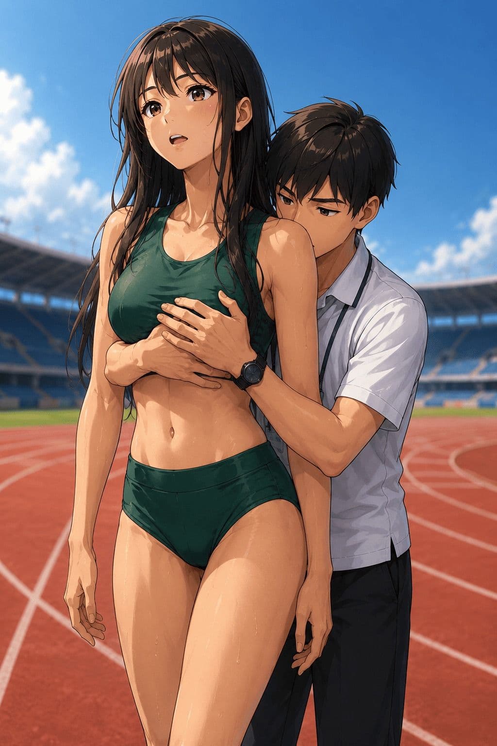 【CG】高身長女子陸上部員のおっぱいを支える低身長男子たち！ サンプル3