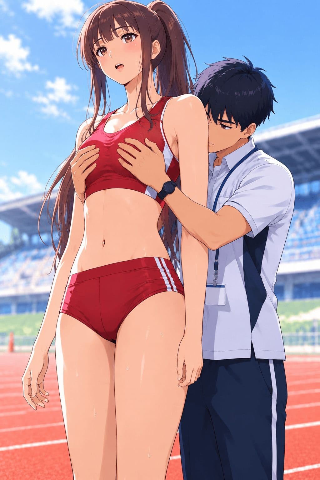 【CG】高身長女子陸上部員のおっぱいを支える低身長男子たち！ サンプル7