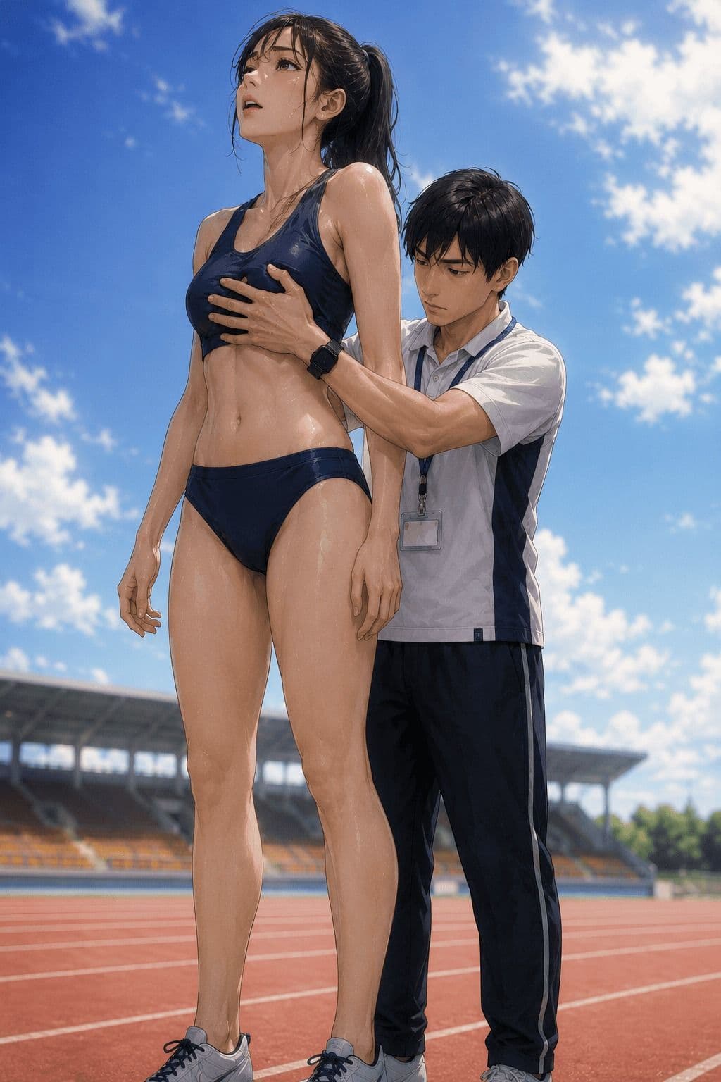 【CG】高身長女子陸上部員のおっぱいを支える低身長男子たち！ サンプル9