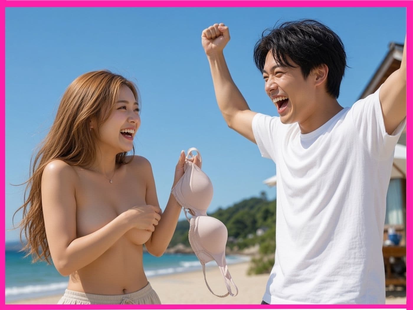 【縦長動画海の家ギャルインタビュー】じゃんけん負けたら即脱衣→1人エッチ強●公開！ サンプル1