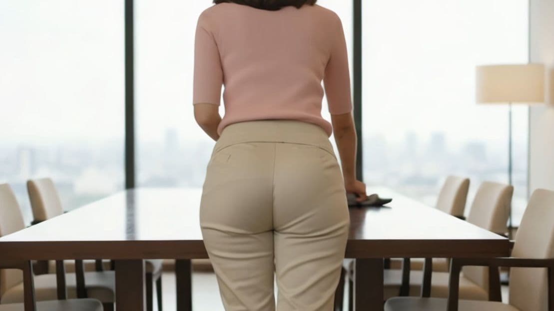 お掃除・テーブル拭きに勤しむ美女の後ろ姿〜スラックス越しに魅せる美尻ライン〜 サンプル1