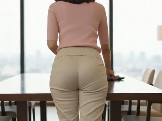 お掃除・テーブル拭きに勤しむ美女の後ろ姿〜スラックス越しに魅せる美尻ライン〜