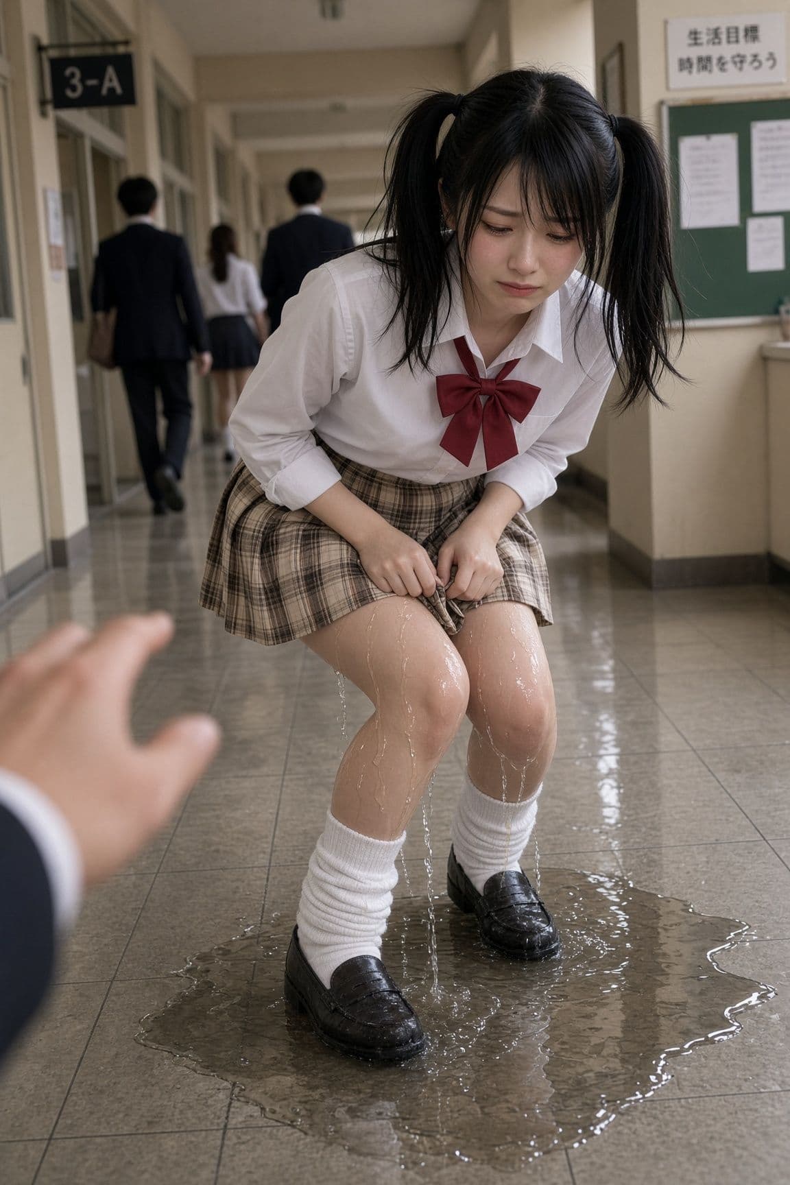 【AI動画】休み時間に廊下でおしがまの後におもらし サンプル3