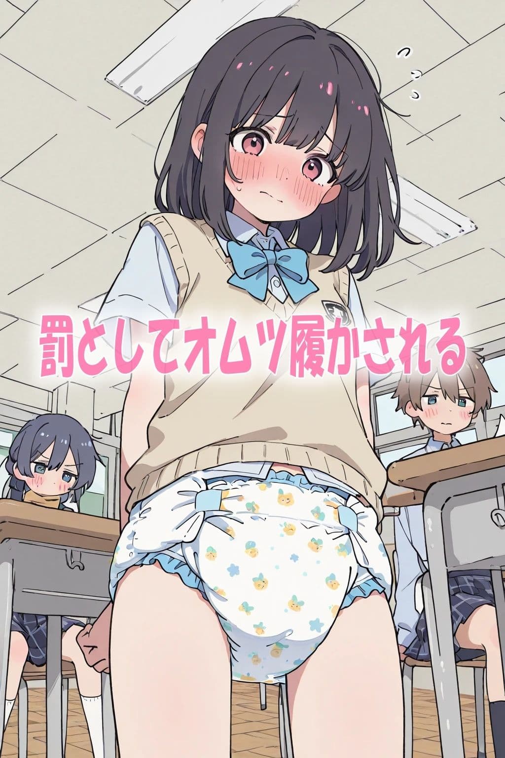 学校の教室でオムツ姿にされて恥ずかしがってる女の子達イラスト300枚 サンプル2