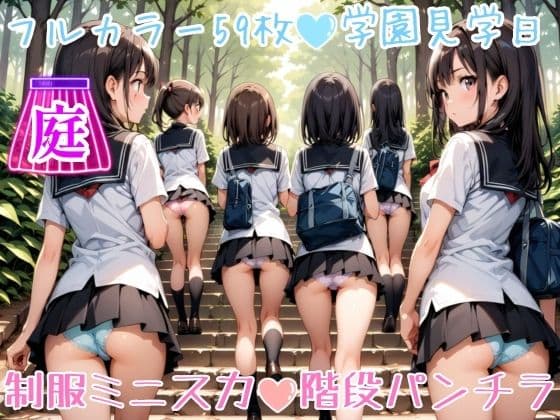 【59枚】女の子たちのミニスカ制服やパンティーやお尻をお好きなだけ観察できます♪今日は妄想の世界にあるエッチな街での学園見学日です♪街のいろいろな学園の校舎前にあるお庭の階段で、制服ミニスカート、オシリにくい込むパンツのパンチラをいっぱいごらんくださいね♪