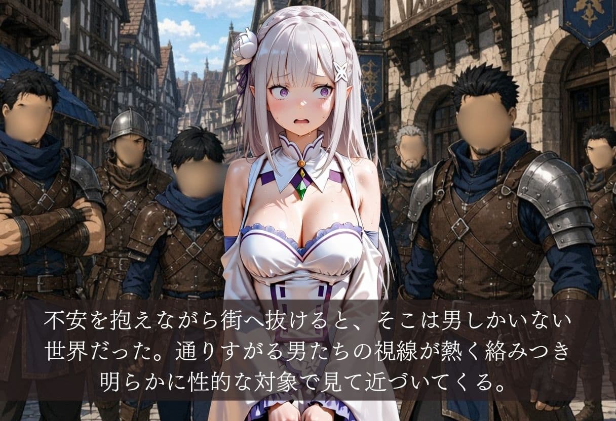 異世界転生すると男しかいない街。お人好しのエミ◯アは性の標的となり中出しの毎日。 サンプル3