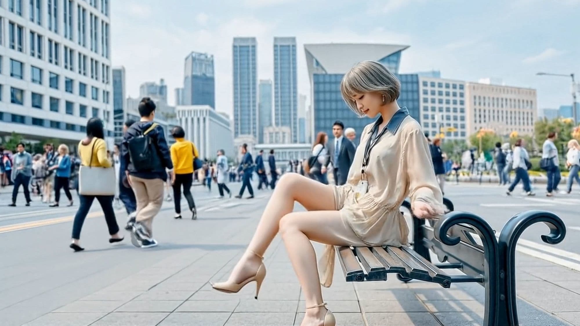 妄想33 OLがビジネス街のベンチでスカートまくり上げてパンティ見せます AI生成動画 サンプル4