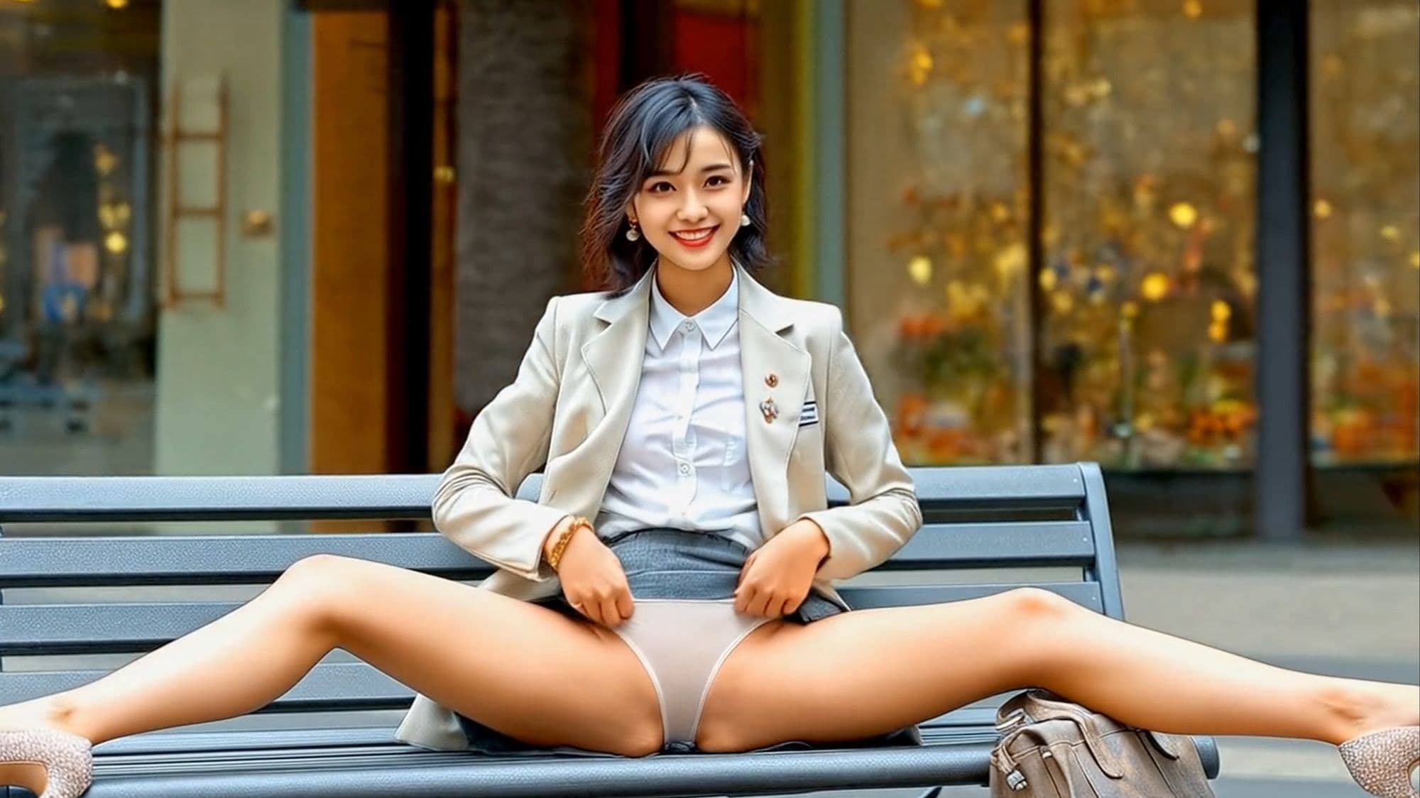 妄想33 OLがビジネス街のベンチでスカートまくり上げてパンティ見せます AI生成動画 サンプル5