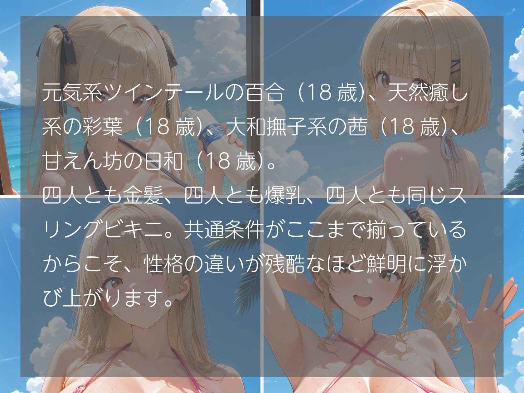 金髪義妹4人のスリングビキニ 同じ布なのに、隠し方が全員違う件 サンプル1