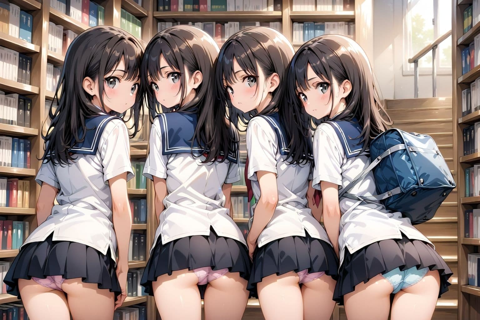 【アニメ2分、イラスト51枚】制服ミニスカ♪階段パンチラ♪本日は当女子学園の図書館開放日でございます♪本だけでなく、発育のよい女子学生たちのミニスカートのなかでムニュムニュ動くお尻や、ワレメにムチムチくい込む生パンツも、ごらんいただけます♪ サンプル7