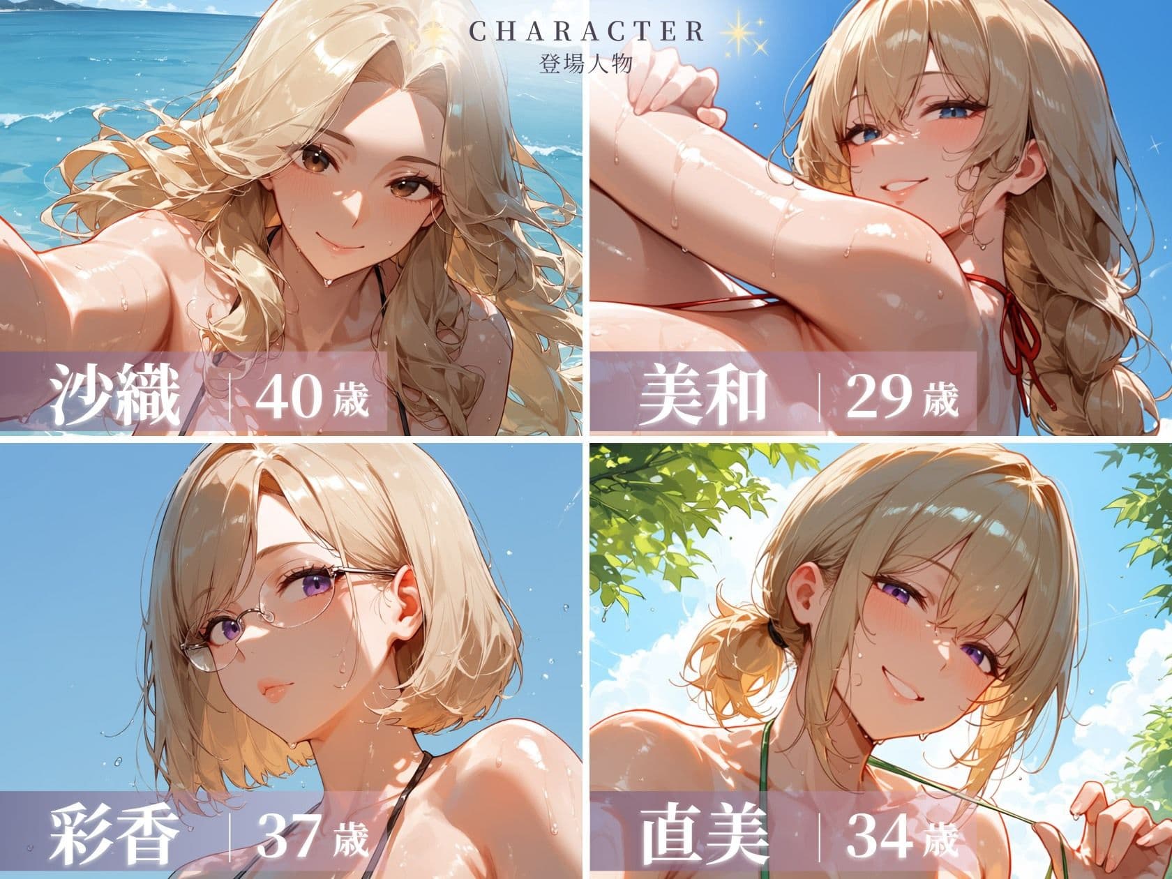 金髪人妻ハーレム 四人のマイクロビキニ 紐が肌に沈む音まで聞かせます サンプル4