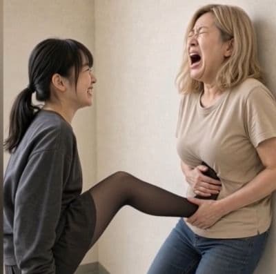 小悪魔年下女子の腹蹴り調教 靴下＆ストッキングで熟女を嘔吐させる1分10秒 サンプル2