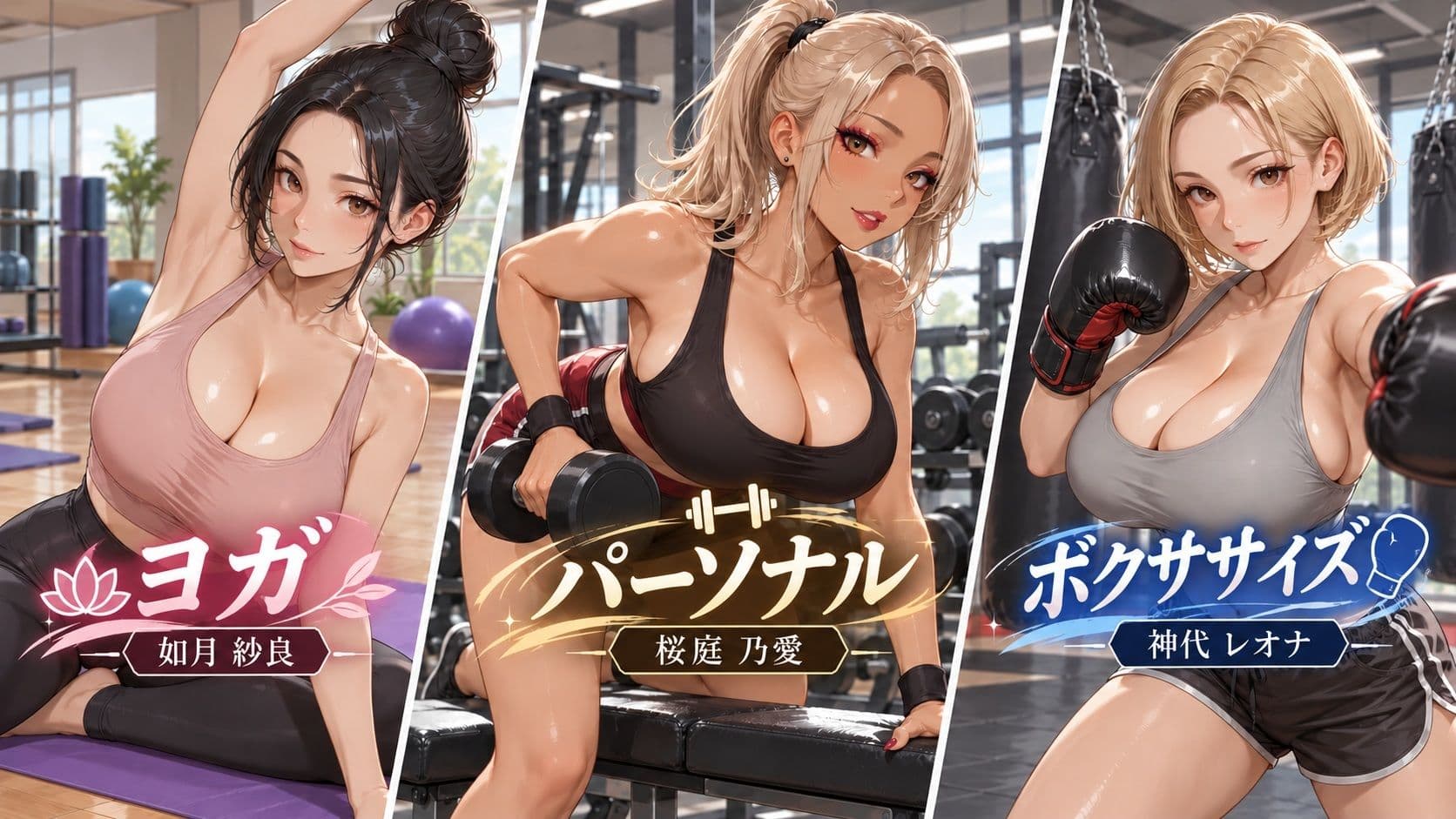汗も拭かずに即SEX！トレーニング直後の爆乳美女インストラクター3人と濃厚中出し！ サンプル1