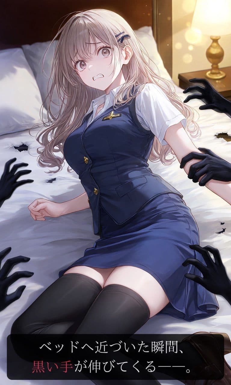 【ストーリー×イラスト｜Short】真面目なホテルスタッフ、ベッドから伸びる黒い手に呼吸を奪われる深夜の客室【ニーソックス/首絞め/絶対領域/美少女】 サンプル4