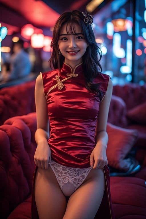 チャイナドレスパンチラで客を誘うキャバ嬢と妄想したヘアヌードを再現したAI生成画像集 サンプル2