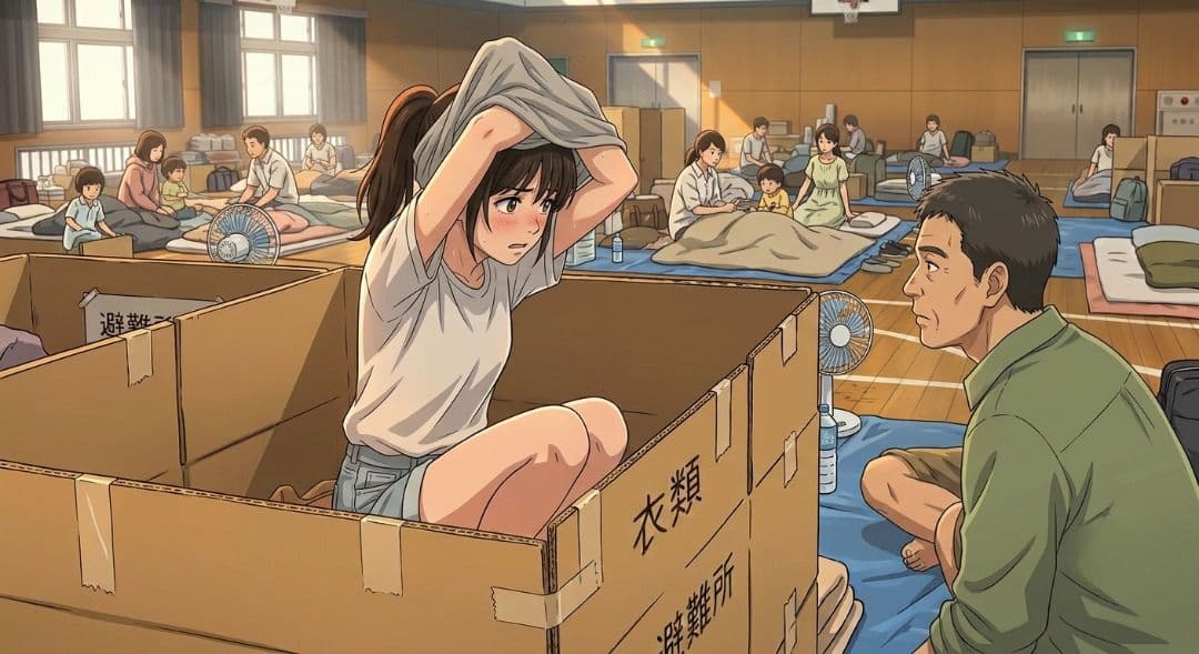 避難所で美少女たちを盗撮・セクハラするゲス中年男。簡易女風呂へ突入！全裸を見られた母娘の屈辱 サンプル1