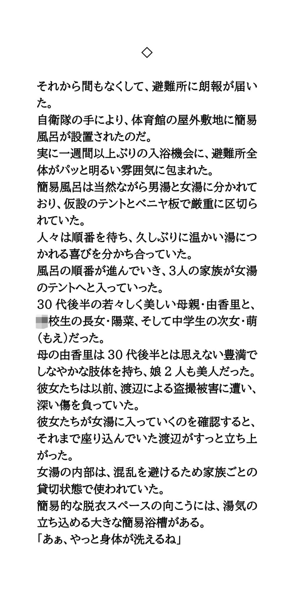 避難所で美少女たちを盗撮・セクハラするゲス中年男。簡易女風呂へ突入！全裸を見られた母娘の屈辱 サンプル7