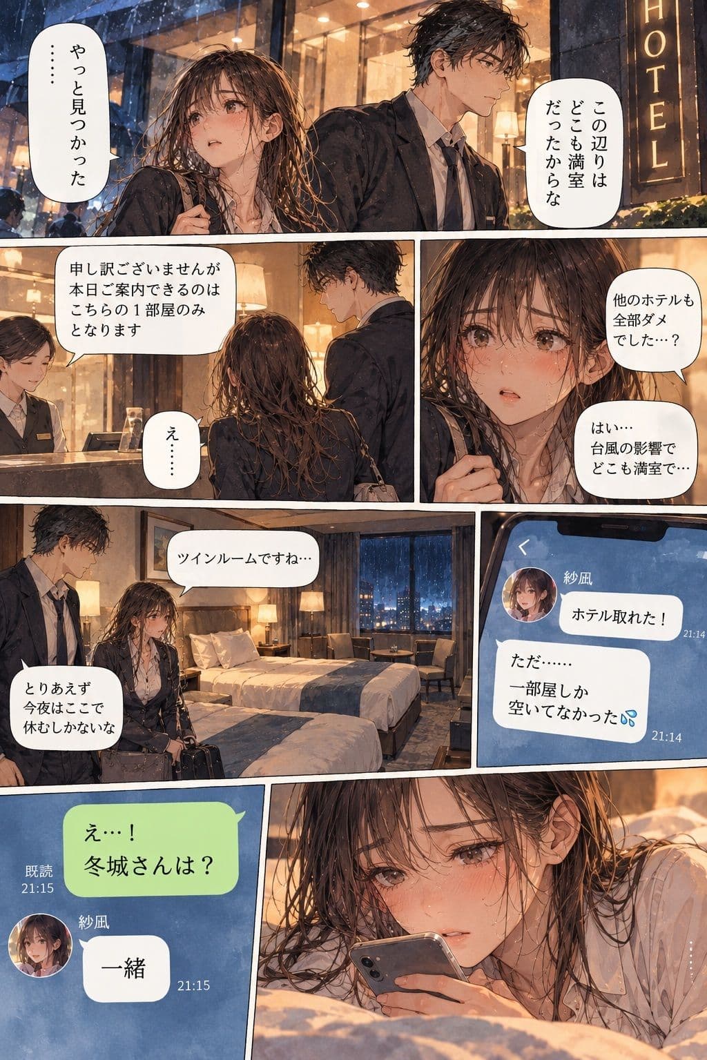 台風で帰れなくなった彼女が、会社の上司とホテルの同じ部屋に泊まることになった。 サンプル2