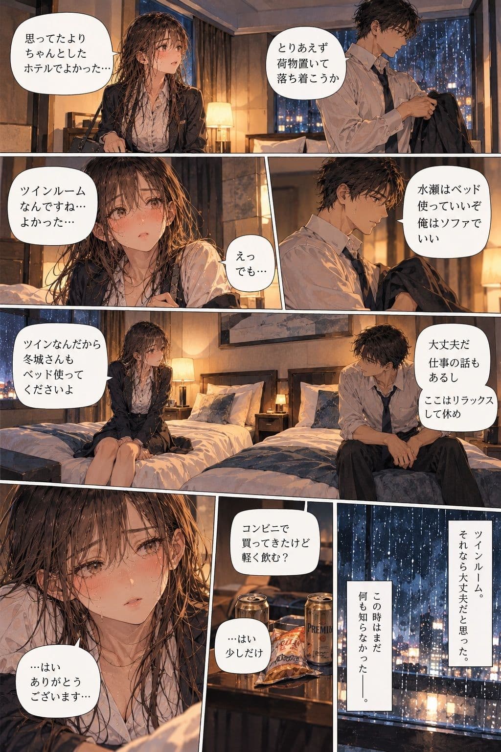 台風で帰れなくなった彼女が、会社の上司とホテルの同じ部屋に泊まることになった。 サンプル3
