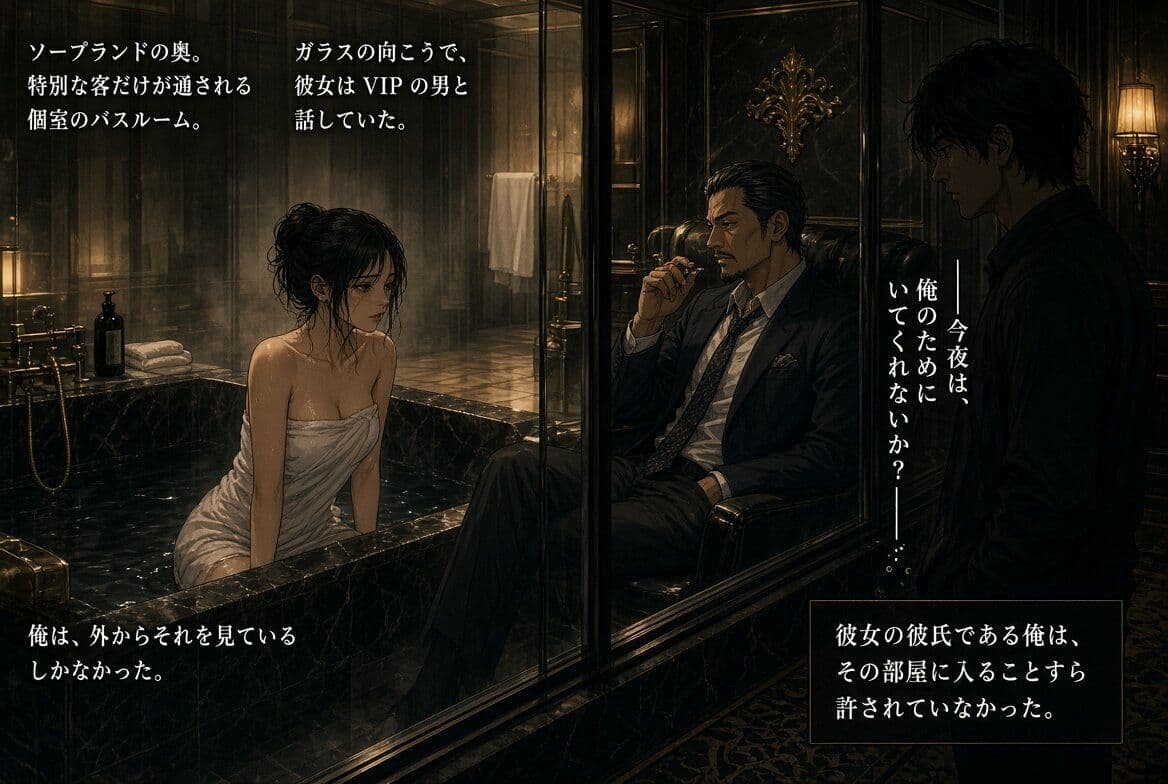 「カップルでソープランドに勤務中、VIP客から『彼氏さんも同席して』と言われ、同席したぼく」 サンプル3