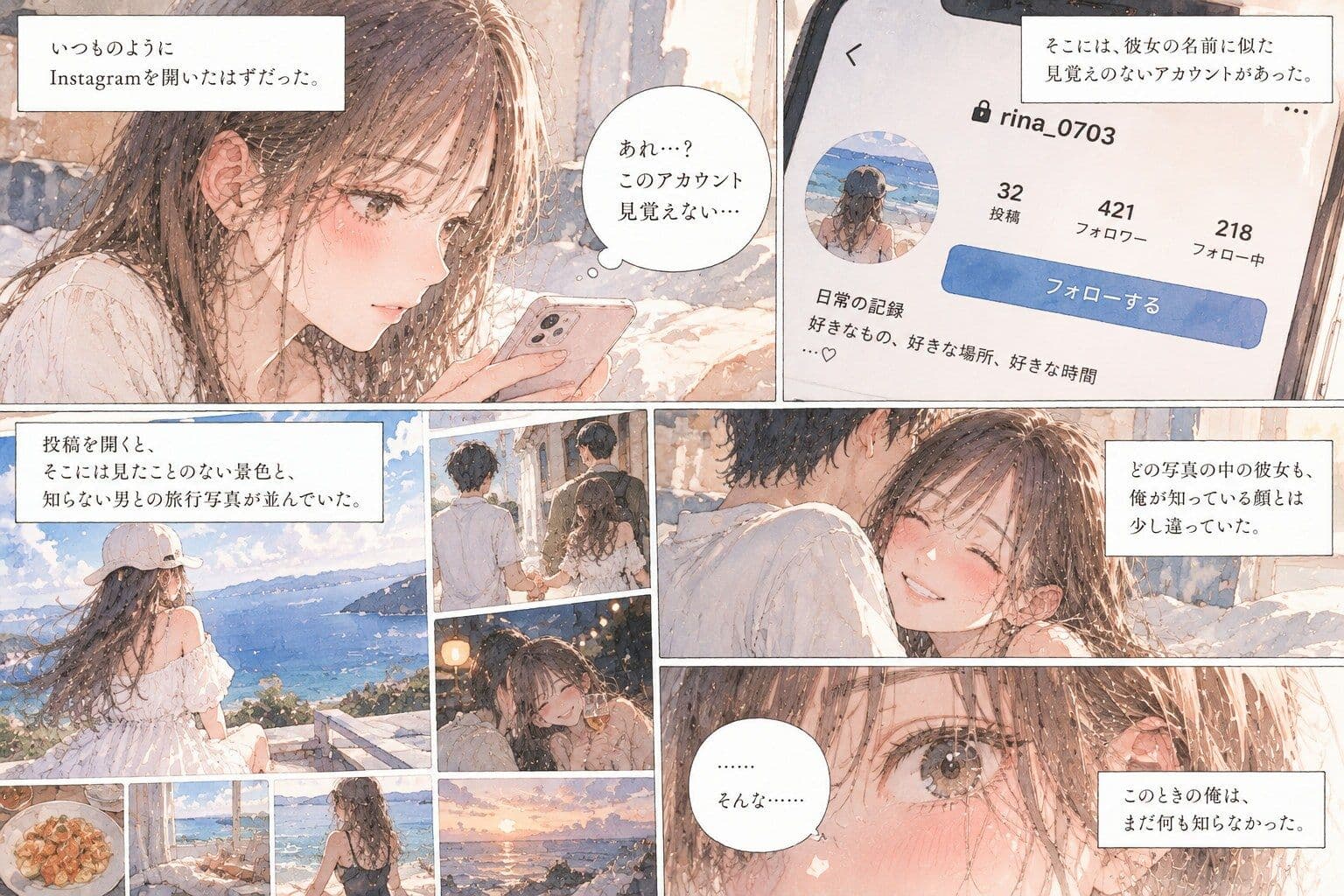 彼女の裏アカウントを見つけたら、知らない男との旅行写真が投稿されていた。 サンプル2