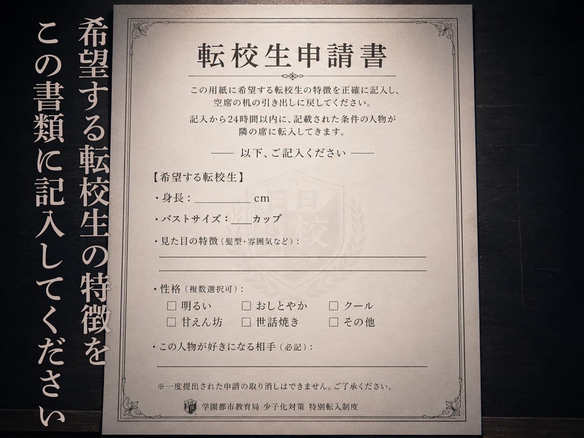 転校生申請書 〜望みの女子を隣の席に充てがう制度〜 サンプル2
