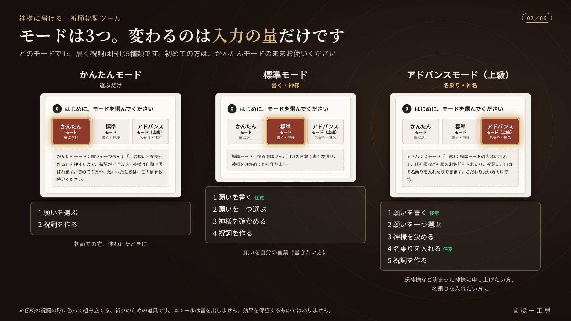 神様に届ける「祈願祝詞ツール」〜願いを書くか、選ぶだけ。組み立てた祝詞を、スマホの読み上げ機能で唱えられます〜 サンプル2