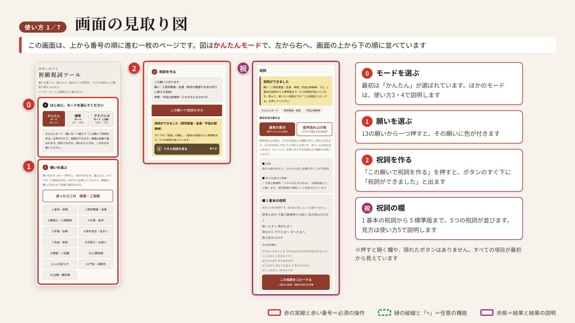神様に届ける「祈願祝詞ツール」〜願いを書くか、選ぶだけ。組み立てた祝詞を、スマホの読み上げ機能で唱えられます〜 サンプル7