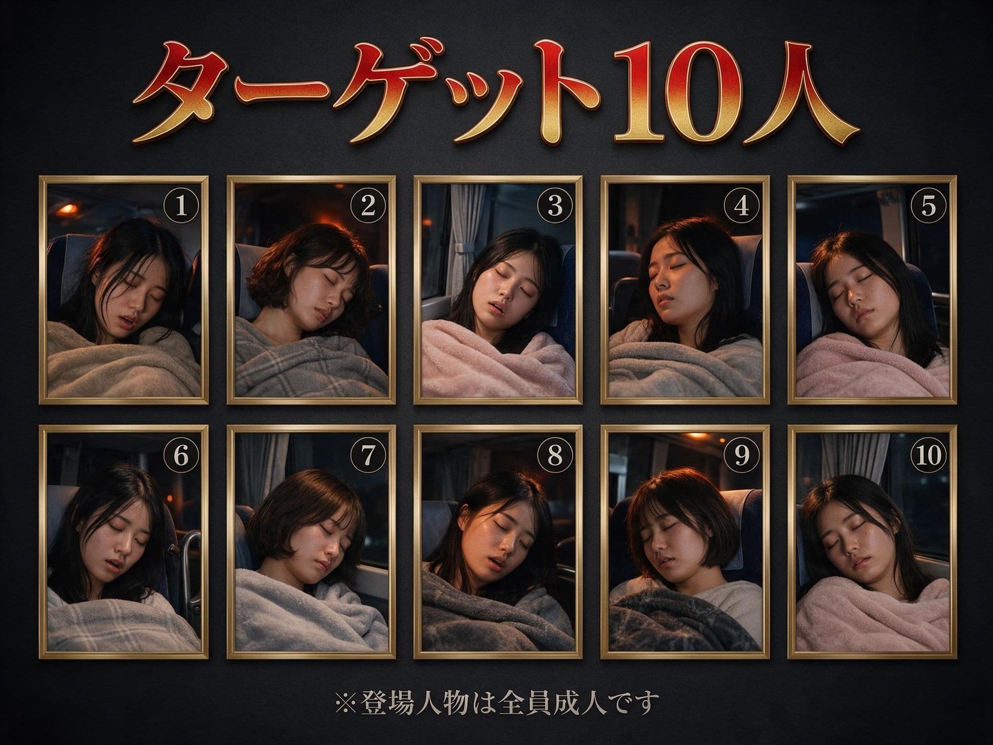 夜行バス中出し痴● 乳首つまみ×尻揉み×生挿入×大量中出し 〜消灯後の車内で10人の巨乳美女を●す〜 サンプル1