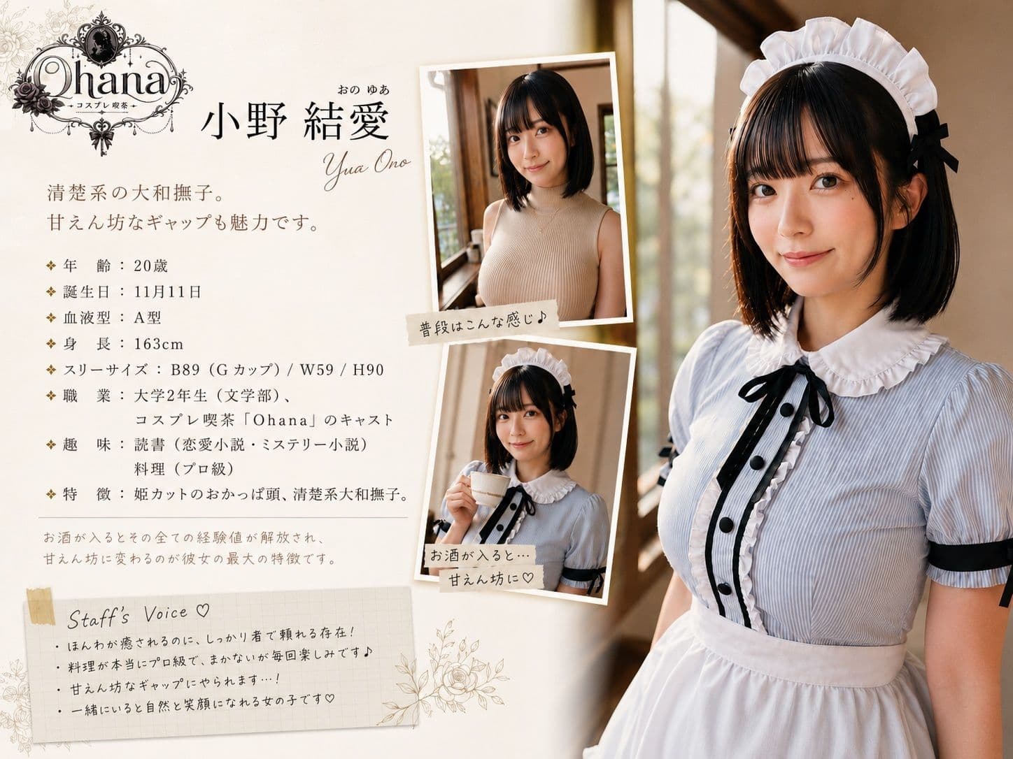 【AI生成】IMAGE VIDEO & AI写真集 Vol.5 小野結愛 コスプレ喫茶Ohanaアルバイト/大学生(20) 「古びた喫茶店の、女神がおもてなし」 サンプル1
