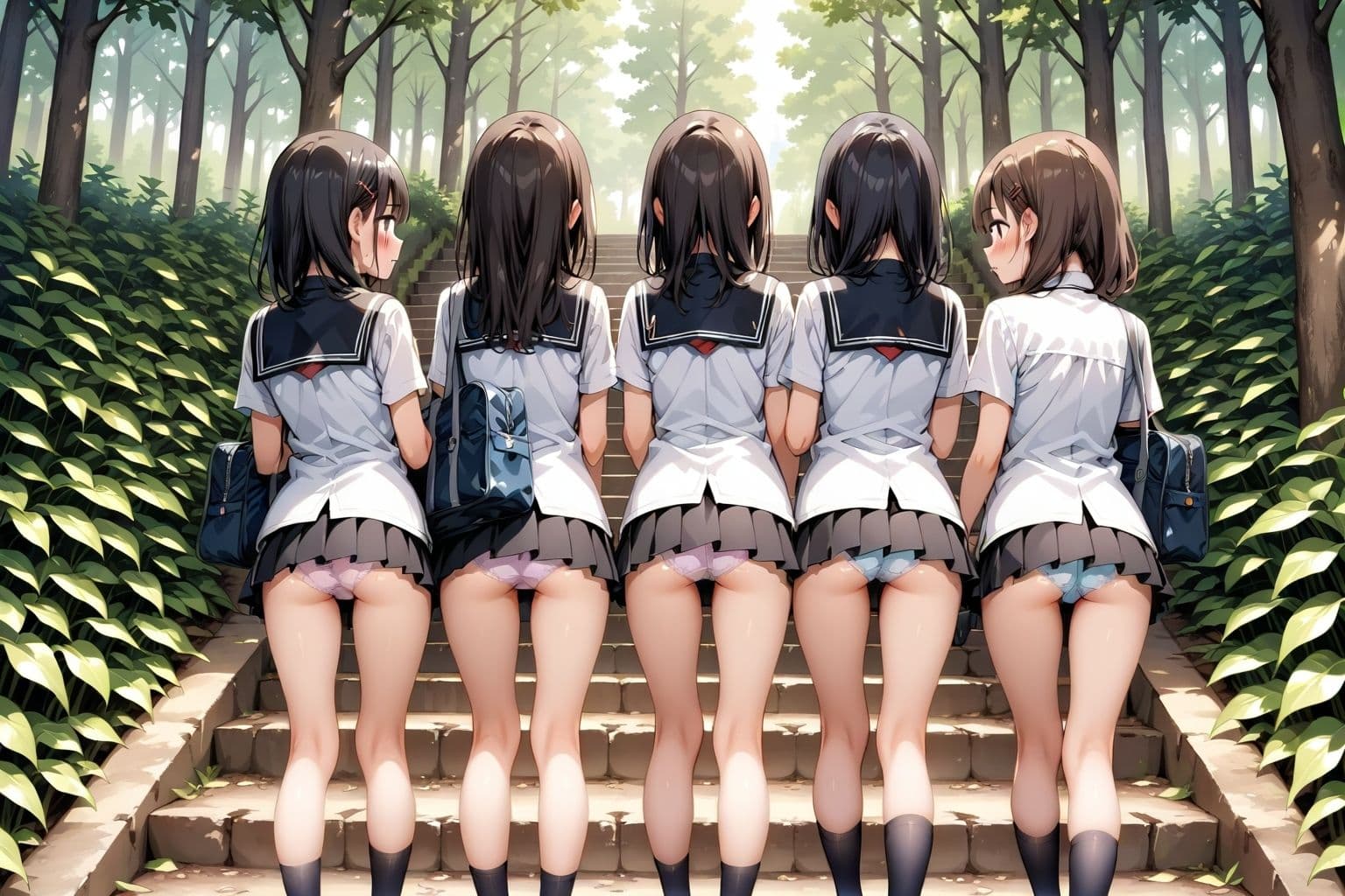 【59枚】女の子たちのミニスカ制服やパンティーやお尻をお好きなだけ観察できます♪今日は妄想の世界にあるエッチな街での学園見学日です♪街のいろいろな学園の校舎前にあるお庭の階段で、制服ミニスカート、オシリにくい込むパンツのパンチラをいっぱいごらんくださいね♪ サンプル2